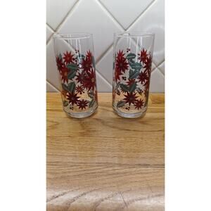 Set of 2 Vintage Christmas Holiday Poinsettia‎ Design Glasses 16 oz